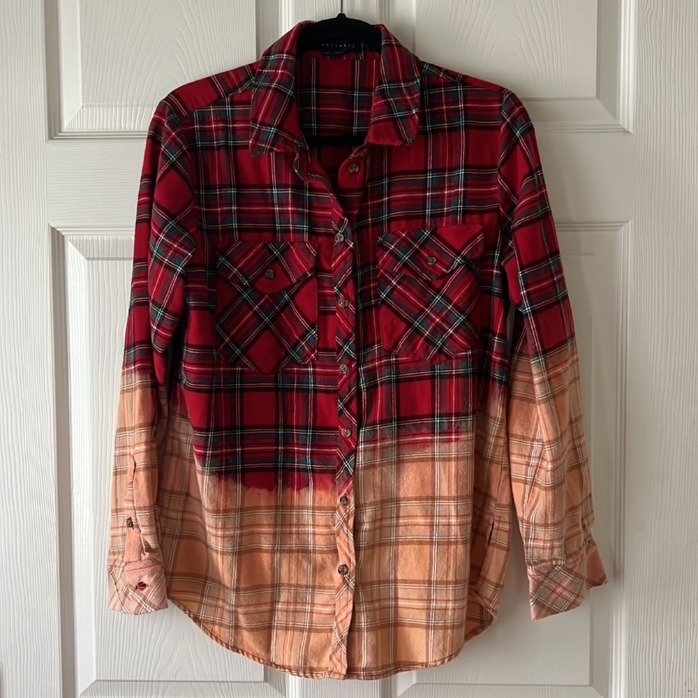 Sanctuary Red and Green Tartan Plaid Flannel Button Down 100% Cotton Sz Small‎